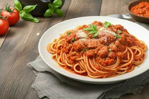 Spaghetti Bolognese pasta with tomato sauce and meat. AI Generative Pro Photo