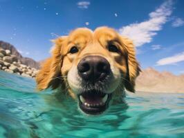 simpático perro en un claro azul lago ai generativo foto