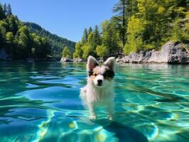 simpático perro en un claro azul lago ai generativo foto