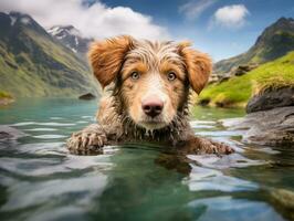 Friendly dog in a clear blue lake AI Generative photo