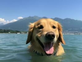 Friendly dog in a clear blue lake AI Generative photo