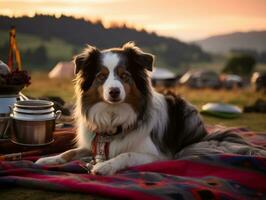 mullido perro sentado en un vistoso picnic cobija ai generativo foto