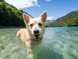 Friendly dog in a clear blue lake AI Generative photo