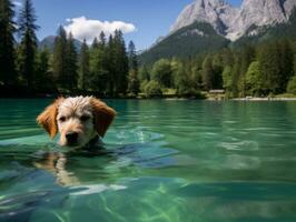 Friendly dog in a clear blue lake AI Generative photo