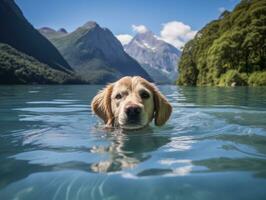 Friendly dog in a clear blue lake AI Generative photo