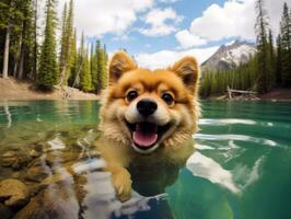 Friendly dog in a clear blue lake AI Generative photo