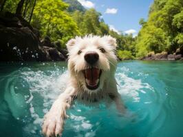 simpático perro en un claro azul lago ai generativo foto