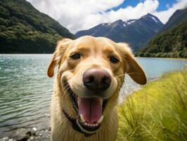 Friendly dog in a clear blue lake AI Generative photo