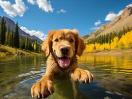 Friendly dog in a clear blue lake AI Generative photo
