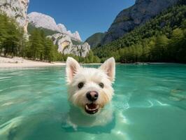 Friendly dog in a clear blue lake AI Generative photo