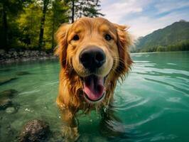 simpático perro en un claro azul lago ai generativo foto