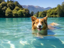 Friendly dog in a clear blue lake AI Generative photo