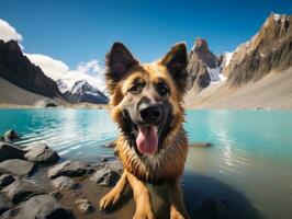 simpático perro en un claro azul lago ai generativo foto