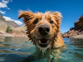 simpático perro en un claro azul lago ai generativo foto