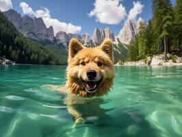 Friendly dog in a clear blue lake AI Generative photo