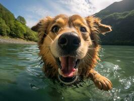 Friendly dog in a clear blue lake AI Generative photo