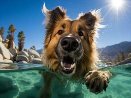 simpático perro en un claro azul lago ai generativo foto