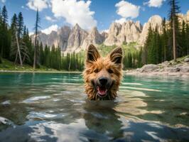 Friendly dog in a clear blue lake AI Generative photo