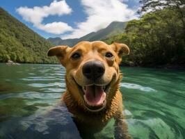 Friendly dog in a clear blue lake AI Generative photo