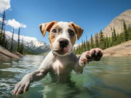 Friendly dog in a clear blue lake AI Generative photo