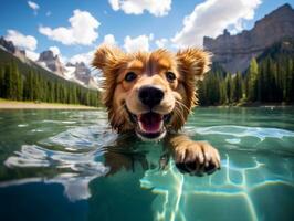 Friendly dog in a clear blue lake AI Generative photo
