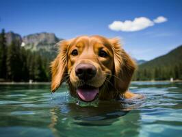 simpático perro en un claro azul lago ai generativo foto