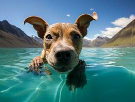 Friendly dog in a clear blue lake AI Generative photo