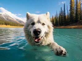 Friendly dog in a clear blue lake AI Generative photo