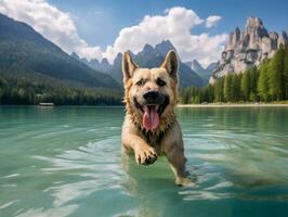 Friendly dog in a clear blue lake AI Generative photo