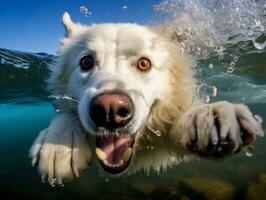 simpático perro en un claro azul lago ai generativo foto