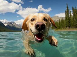 Friendly dog in a clear blue lake AI Generative photo