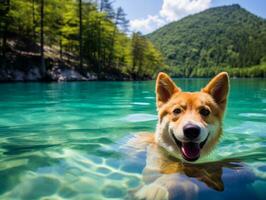 Friendly dog in a clear blue lake AI Generative photo