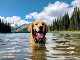 Friendly dog in a clear blue lake AI Generative photo