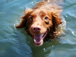 Friendly dog in a clear blue lake AI Generative photo