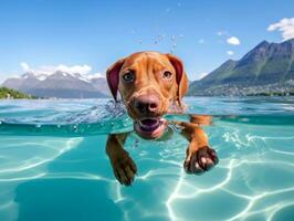 Friendly dog in a clear blue lake AI Generative photo