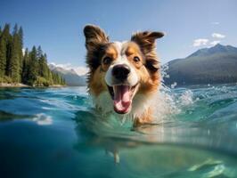 simpático perro en un claro azul lago ai generativo foto