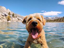 Friendly dog in a clear blue lake AI Generative photo