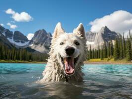 Friendly dog in a clear blue lake AI Generative photo