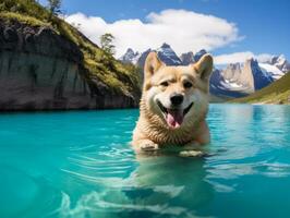 Friendly dog in a clear blue lake AI Generative photo