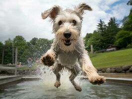 mojado y alegre perro saltando dentro un piscina en un caliente verano día ai generativo foto