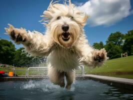 Wet and joyful dog leaping into a pool on a hot summer day AI Generative photo