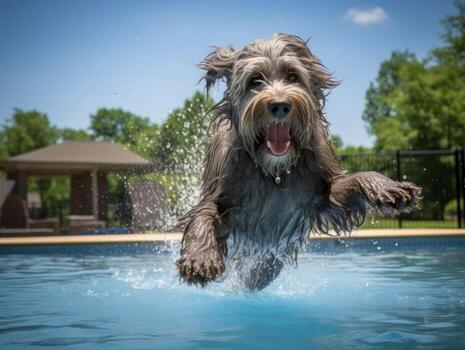 Wet and joyful dog leaping into a pool on a hot summer day AI Generative photo