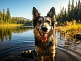 simpático perro en un claro azul lago ai generativo foto