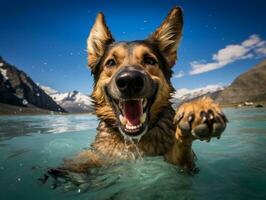 Friendly dog in a clear blue lake AI Generative photo