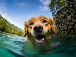 Friendly dog in a clear blue lake AI Generative photo