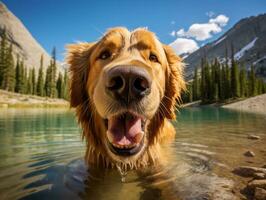 simpático perro en un claro azul lago ai generativo foto