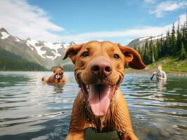 Friendly dog in a clear blue lake AI Generative photo