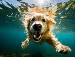 Friendly dog in a clear blue lake AI Generative photo