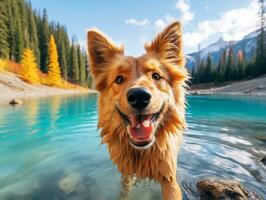 Friendly dog in a clear blue lake AI Generative photo