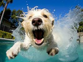 Wet and joyful dog leaping into a pool on a hot summer day AI Generative photo